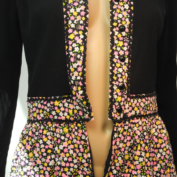 SALE! 1970s flower power dress Sue Brett, black knit top, quilted fabric skirt, - Picture 4 of 6